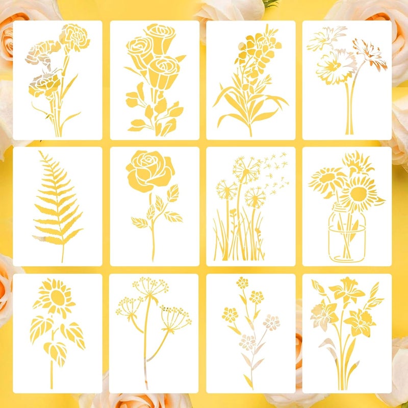 Resflyar 12 PCS Flower Stencils Reusable Rose Sunflower Hibiscus Templates Floral Drawing Stencils for Wood Garden Fence Furniture Fabrics DIY Home Decor 7.9 x 5.1 Inch - Image 1